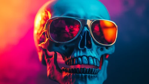 Rendered human skull wears mirrored sunglasses under neon light