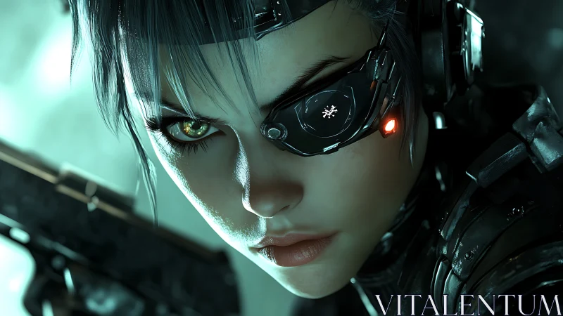 Cybernetic sniper locks target with glowing optic visor