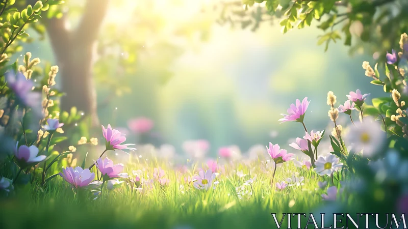 Soft morning light over a dreamy meadow of pink blooms.