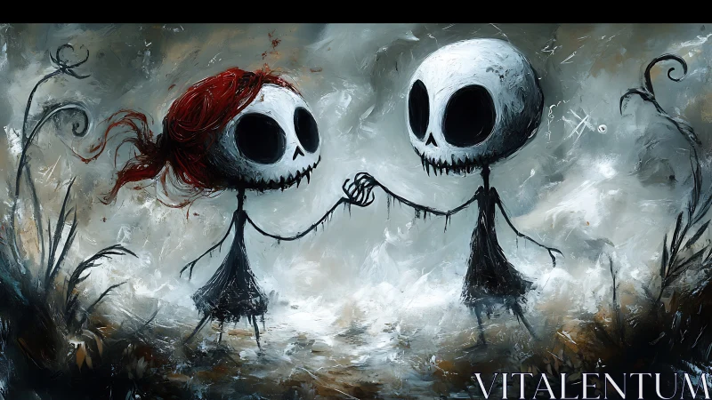 Two skeletal figures hold hands in a foggy abstract field