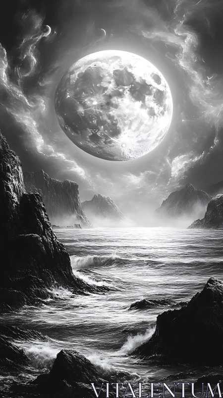 Monochrome seascape under colossal luminous moon.