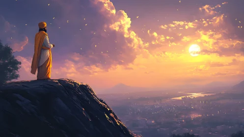 Peaceful sunset watcher overlooking a glowing valley view.