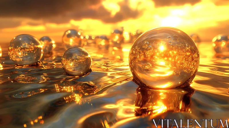 Golden glass orbs drifting across a glowing sunset sea.