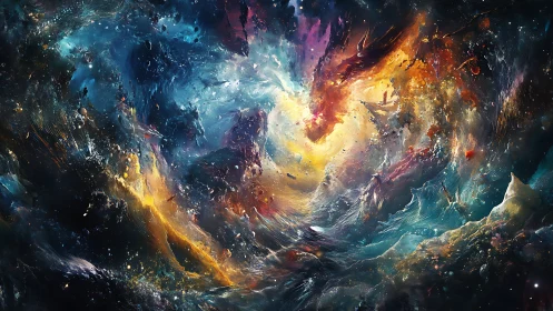 Cosmic storm vortex swirling through prismatic nebulas.