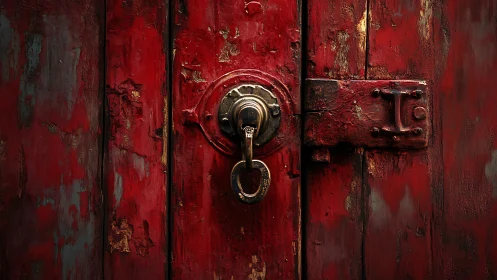 Weathered red wooden door with old metal lock closeup.