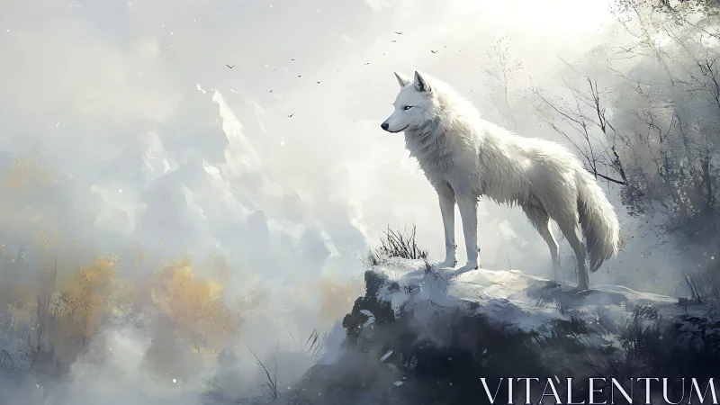 White wolf overlooks misty ridge in ethereal winter light.