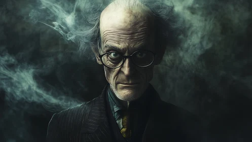 Stormy haired professor in swirling green misted gloom.