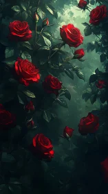 Enchanted Deep Crimson Roses Bloom in Mystical Garden