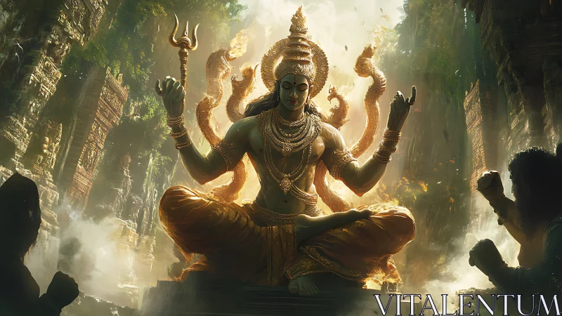 Divine multi-armed deity meditates within radiant jungle ruins