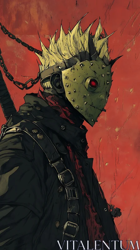 Masked wasteland enforcer with spiked hair and red glare.