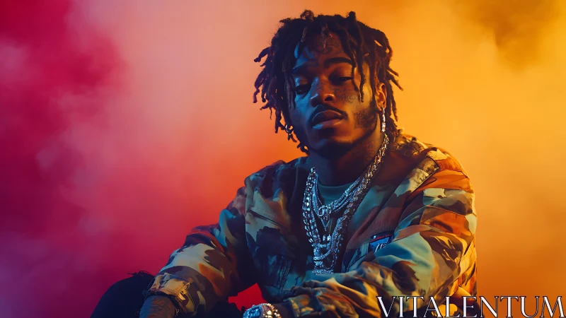 Cool rap artist glowing against bold neon color haze.