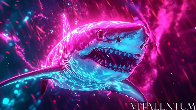 Neon cyber shark charges through glowing electric abyss