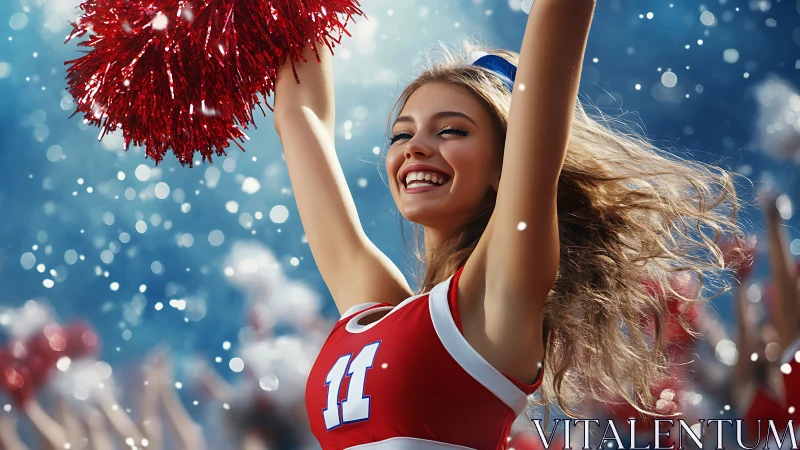 Smiling cheerleader celebrates victory under stadium lights