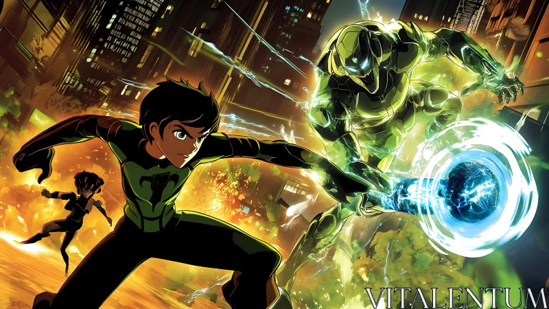 Neon‑lit teen hero slings power blasts through a city storm