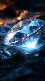 Cut gemstone on reflective dark surface with cool lighting.