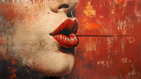 Scarlet lips hover in a textured haze of amber silence