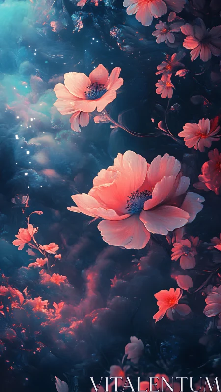 Digital floral composition with luminescent depth and atmospheric effects.