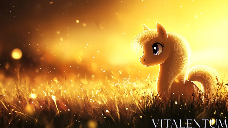 Golden cartoon pony stands glowing in sunlit meadow