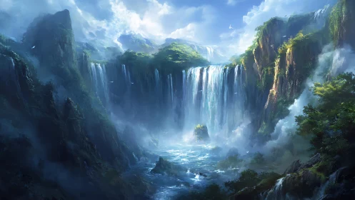 Majestic fantasy waterfalls cascading through misty cliffs.