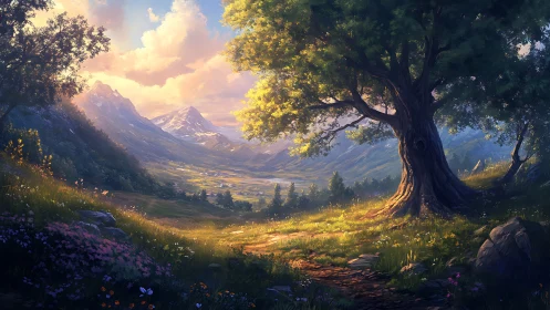 Sunlit valley path beneath ancient oak and distant alpine range