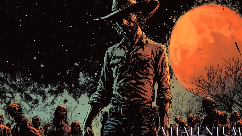 Lone survivor facing zombies under large blood moon.