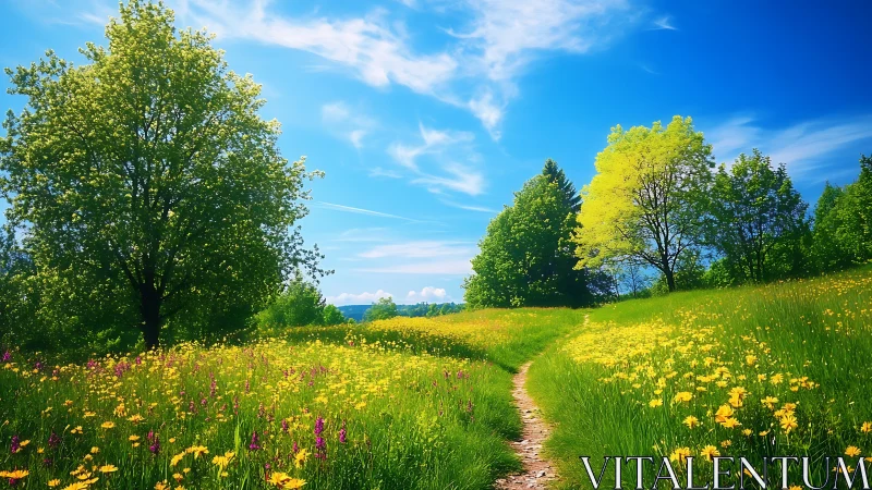 High-saturation spring meadow path under stratified cirrus sky.