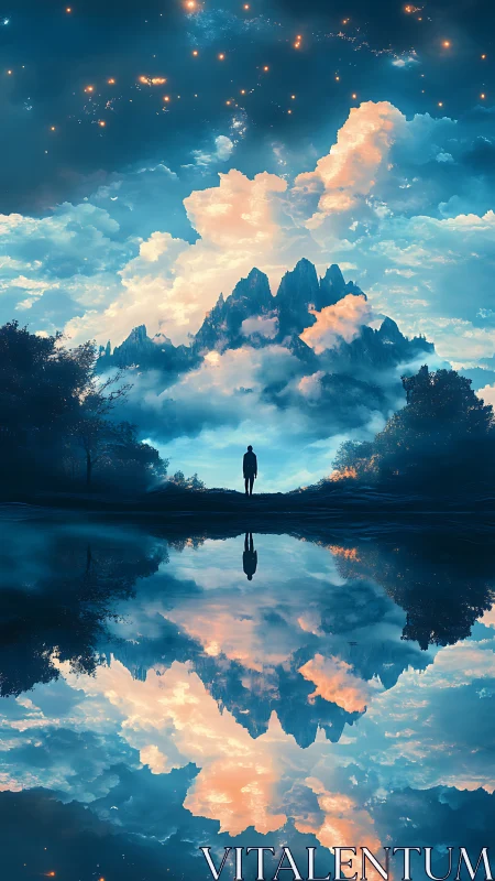 Solitary figure beneath mirrored celestial mountainscape.