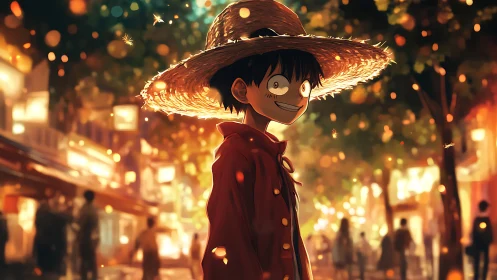 Straw hat boy strolls through a golden, lantern-lit evening street