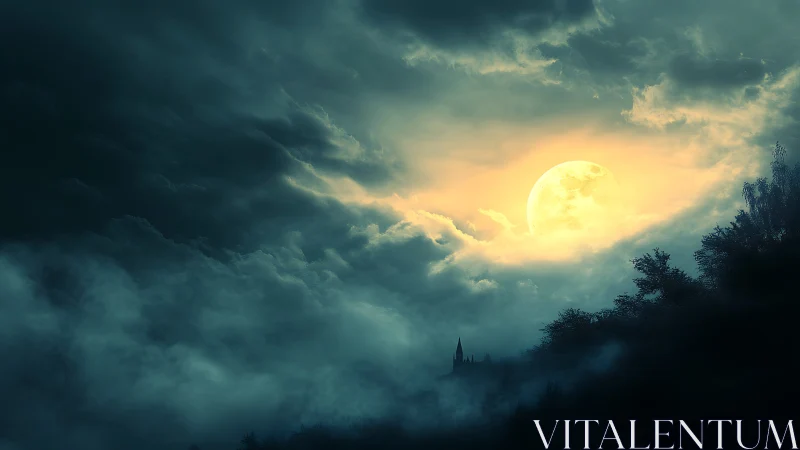 Moonlight carves a ghostly cathedral from storm-fed mist