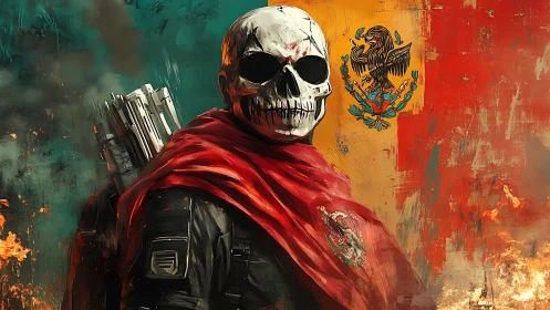 Skull-masked soldier before tricolor flag in burning scene.