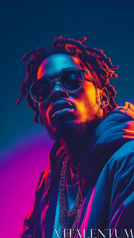 Neon rim-lit portrait of stylish man in sunglasses and chains