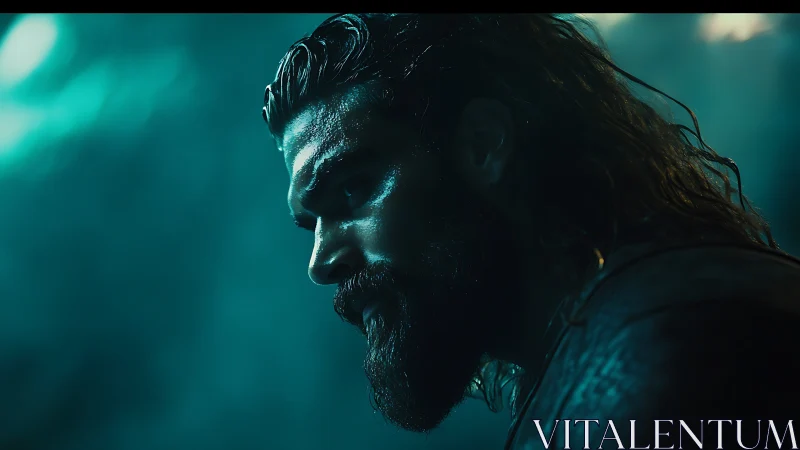 Moody side profile of wet bearded man in teal light.