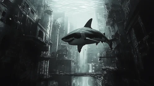 Shark glides through flooded ruins of a drowned megacity