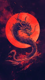Crimson celestial dragon coils before blazing red moon