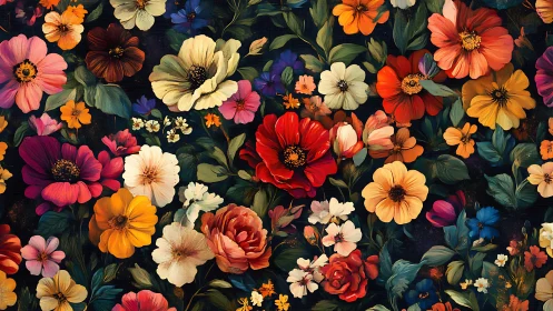 Vibrant Floral Abundance Blooms Against Dark Garden Canvas