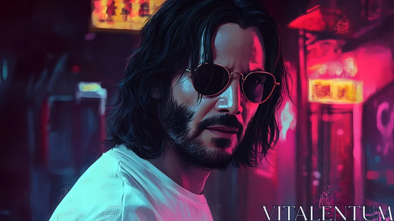 Digital portrait of long-haired man in neon street setting