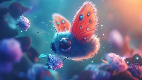 Fluffy fantasy insect with glowing wings hovers over flowers