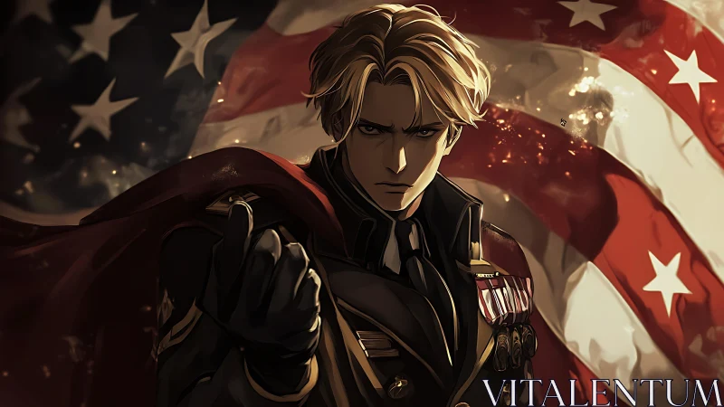 Militarized anime officer before turbulent US banner backdrop.