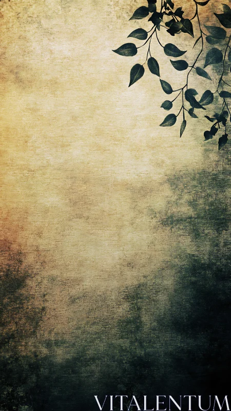 Botanical silhouette on grunge-textured gradient field.