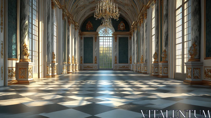 Sunlit baroque palace hall glows with marble and gold
