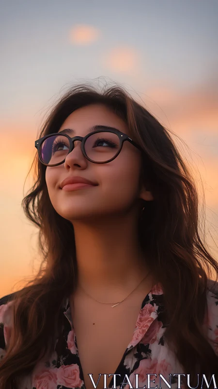 Young woman in glasses looking upward at soft sunset sky