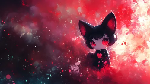 Dreamy cat-eared chibi in a glowing red cosmic swirl.