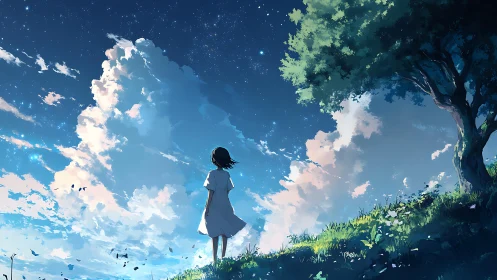 Starlit hillside invites a quiet girl to dream under clouds