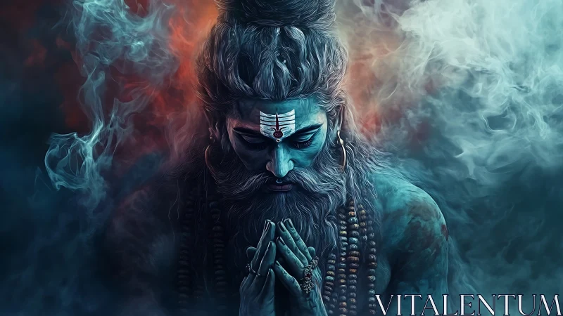 Blue-skinned ascetic with prayer gesture amid swirling smoke
