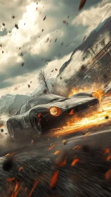 Retro race car drifting through incendiary alpine stormscape.