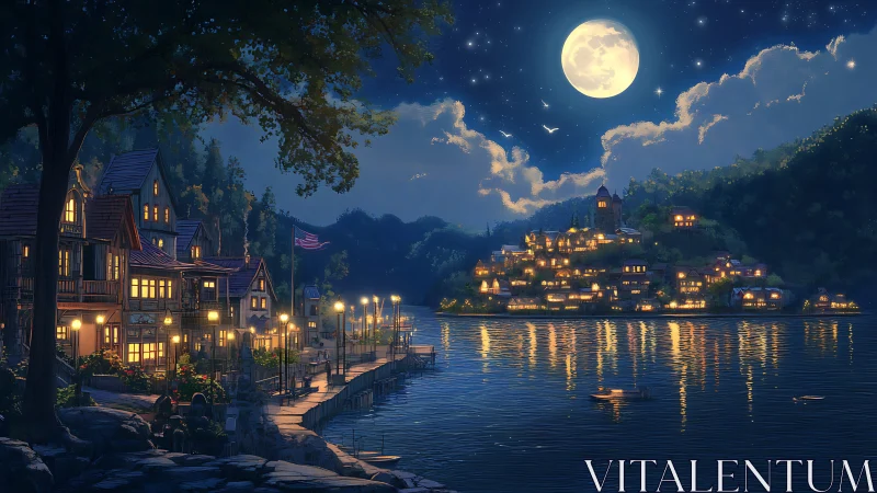 Moonlit lakeside village glows warmly beneath a starry sky