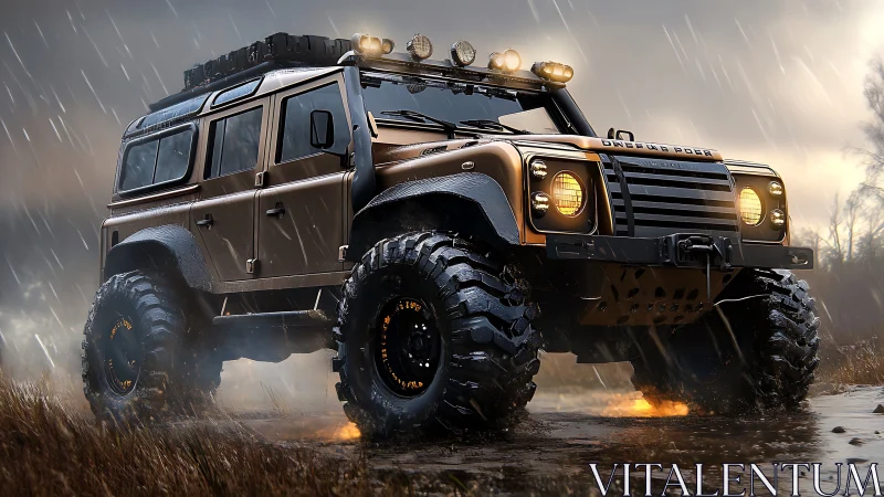 Off-road SUV with lifted suspension in heavy rainstorm.