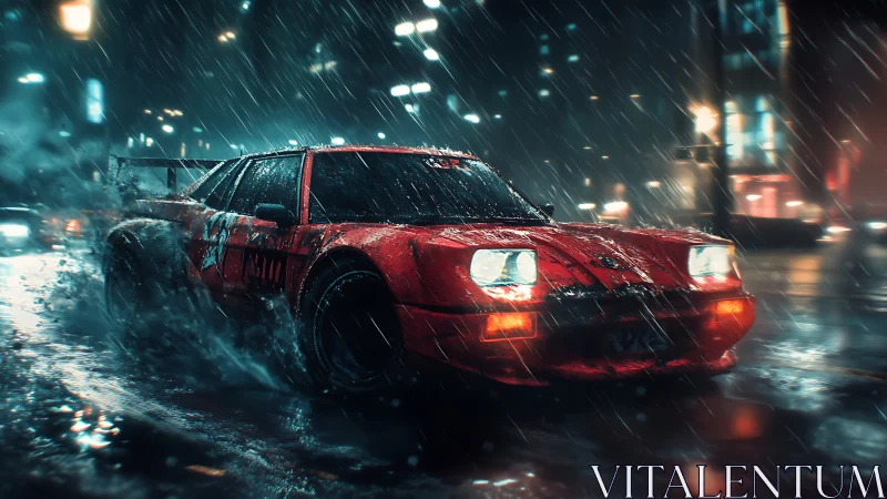 Red rain-slashed street racer carving neon-soaked night roads.