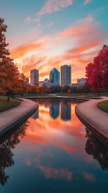 City skyline reflected in canal at vivid autumn sunset.