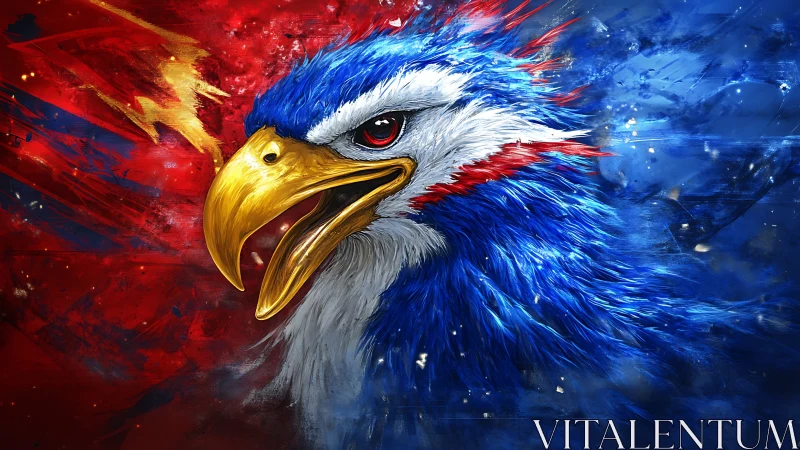 Electric war-cry eagle blazing through red blue storm.
